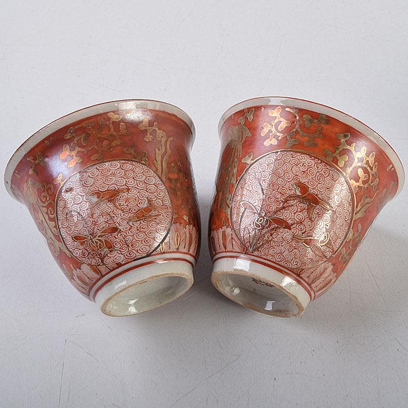 九谷焼 古九谷 赤絵金彩 煎茶碗 3種十四客まとめて 時代箱付 D R9502