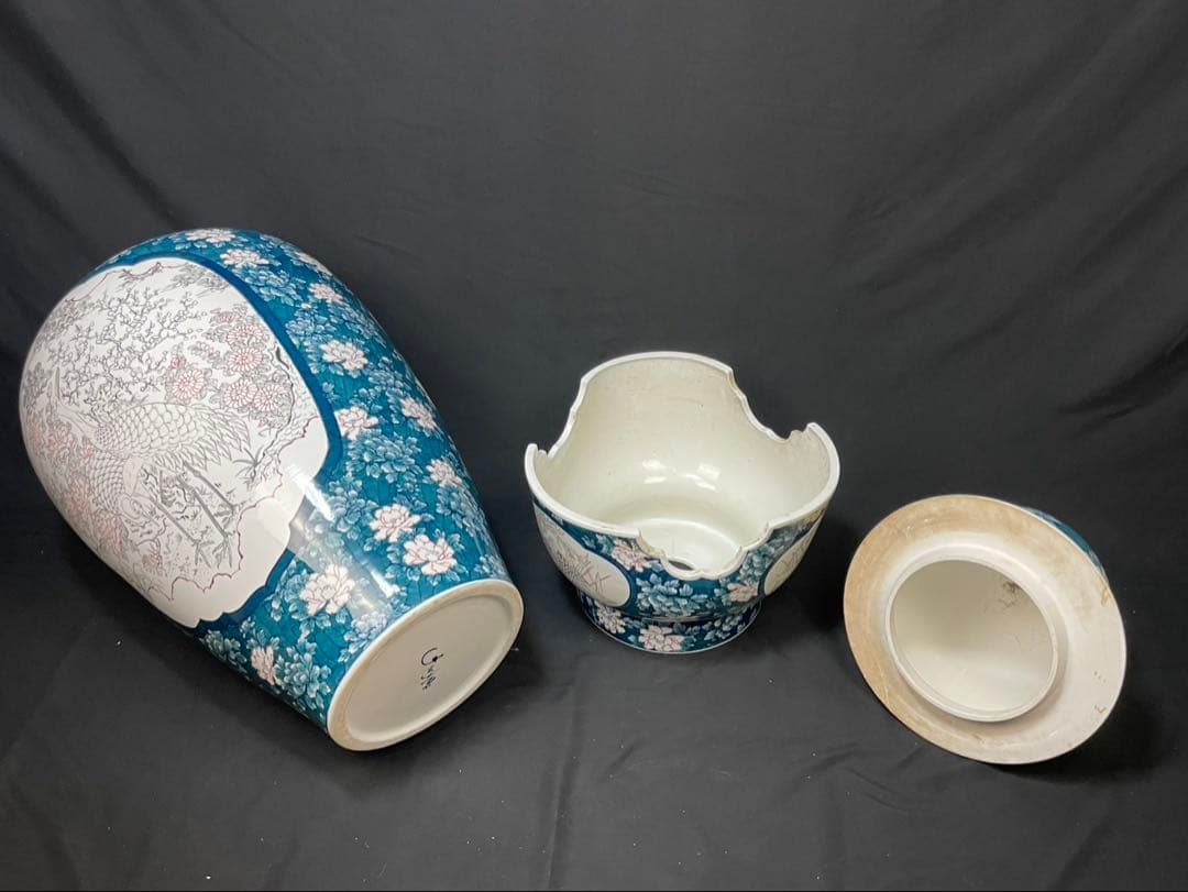 有田焼 特大 染付 牡丹孔雀図 花鳥絵 飾壷 光右衛門作 沈香壺 三段壷