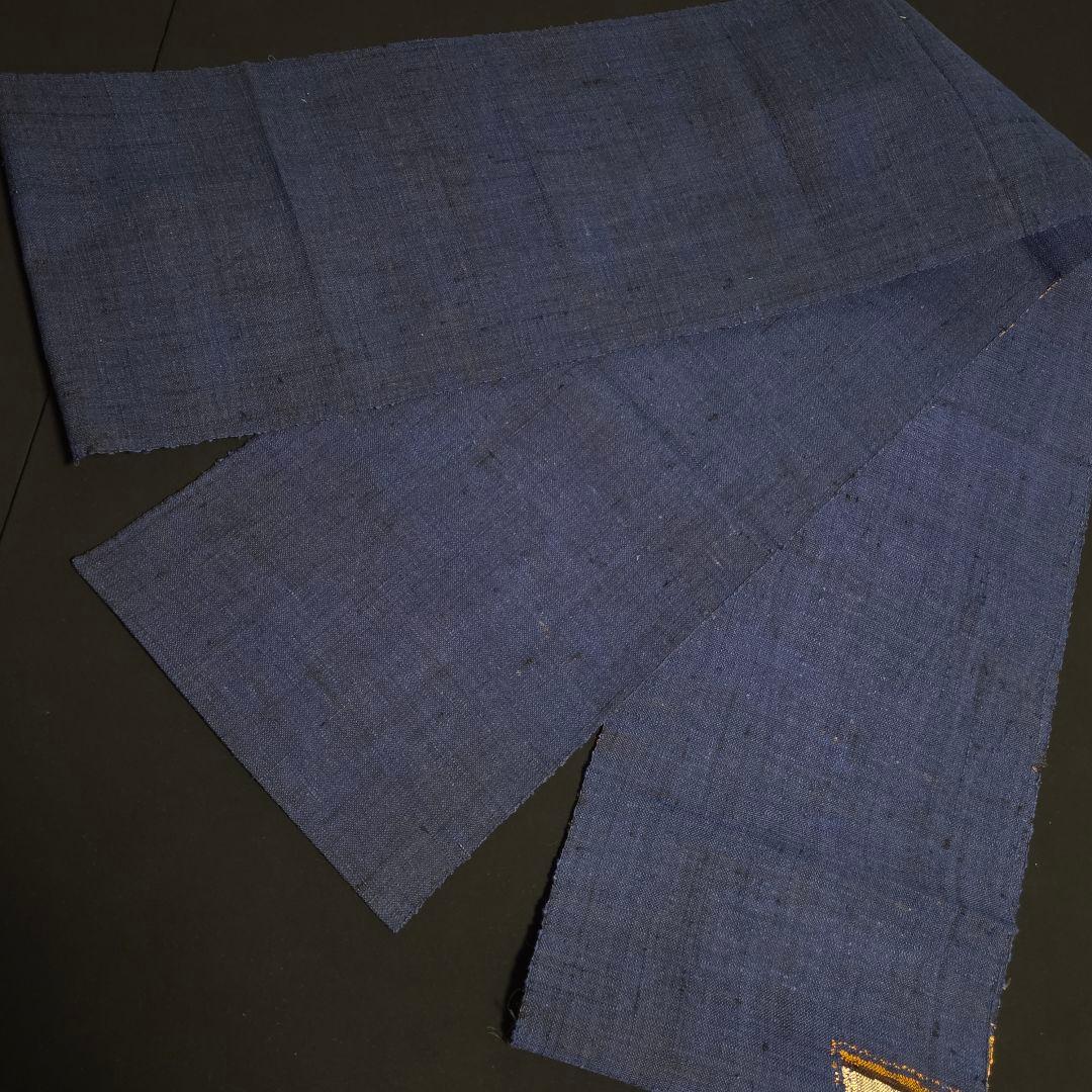 着物と帯京月花 m3796 □紺の地に格子柄紬正絹名古屋帯/八寸/松葉