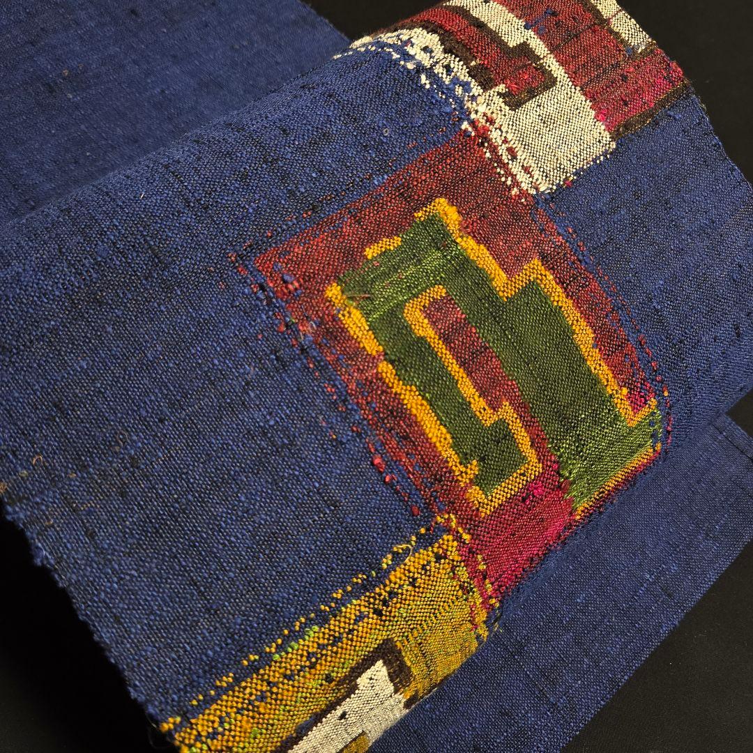 着物と帯京月花 m3796 □紺の地に格子柄紬正絹名古屋帯/八寸/松葉