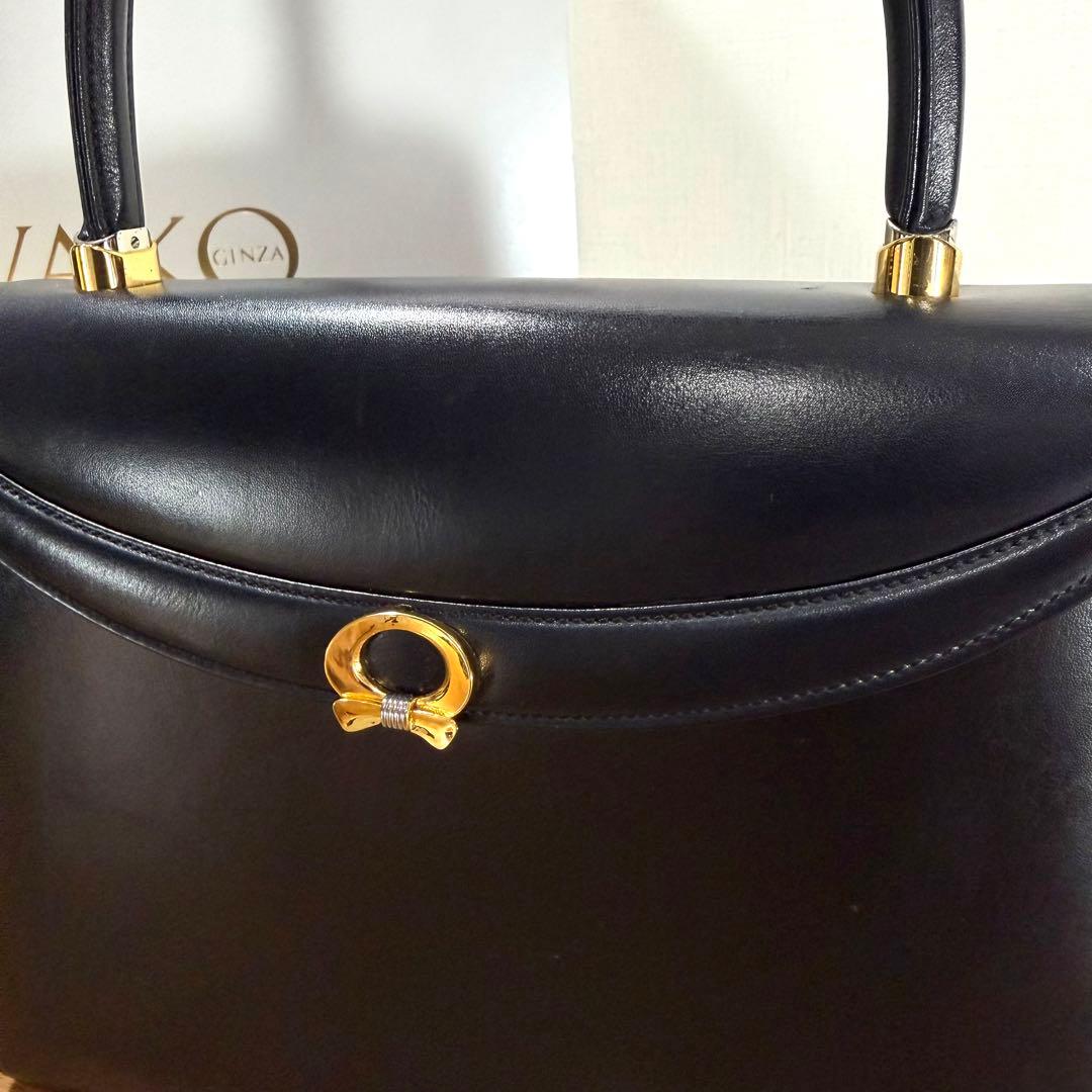 美品 箱付 定12万 銀座 和光 WAKO 極上 カーフレザー ハンドバッグ 黒