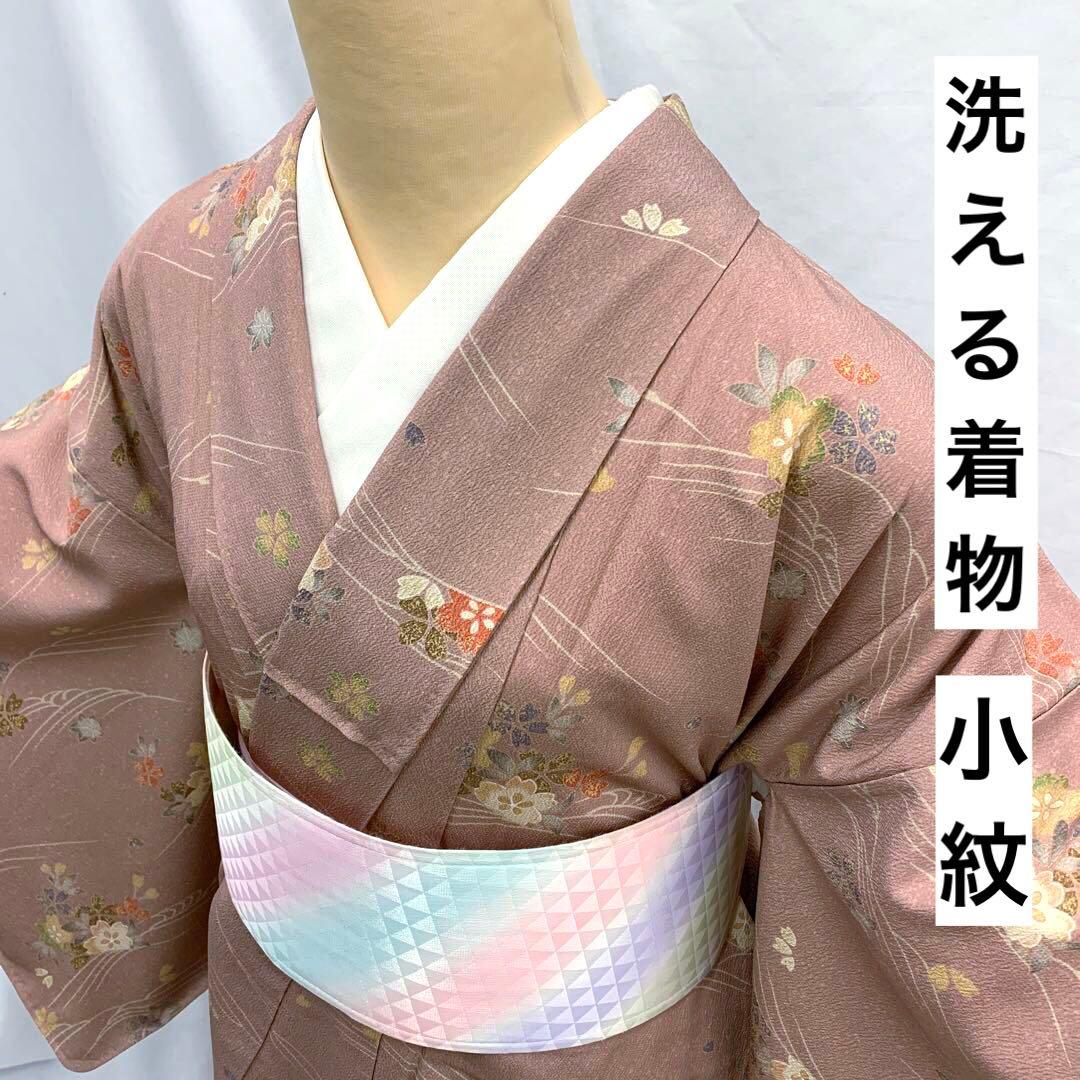 売切値下げ】512mkf9○洗える着物！小紋 桜 流水 くすみピンク○美品