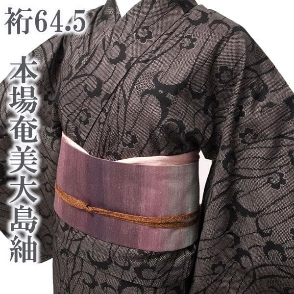 本場奄美大島紬 着物 7マルキ 泥染 こげ茶 裄64.5 M 中古 sn881