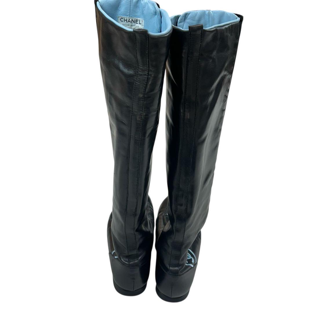 K634 25.0cm シャネル ココマーク 刺繍 ブーツ ブラック レディース