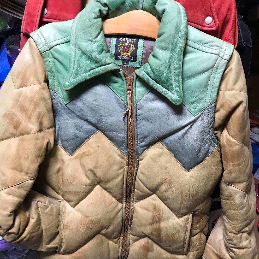 ショット　レザージャケットダウン　バイカラー　希少　サイズM 羽毛　フェザー moment+ ダウンコート ダウンジャケット スタンドカラーファイバー