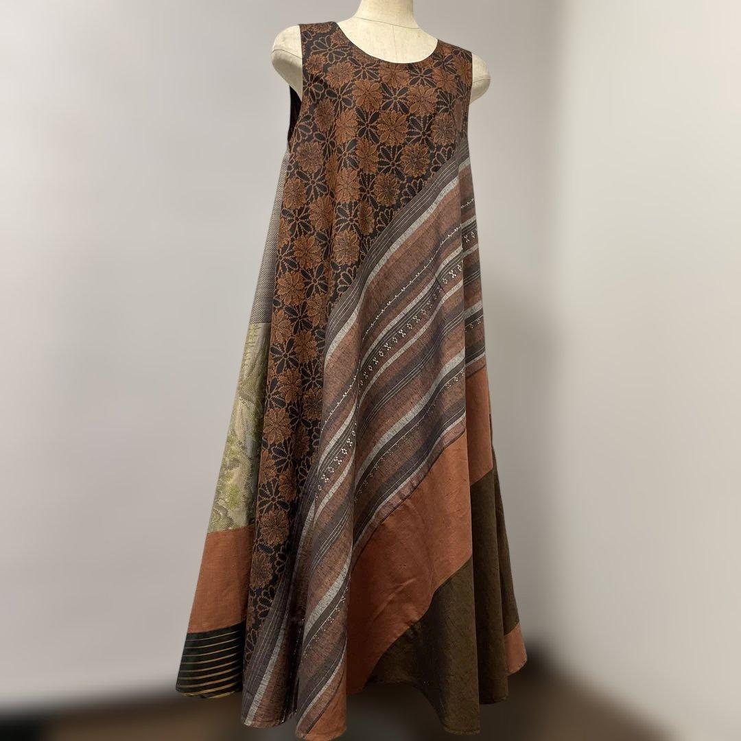 着物ワンピーステントラインマキシ丈《15》紬や大島紬等M〜L