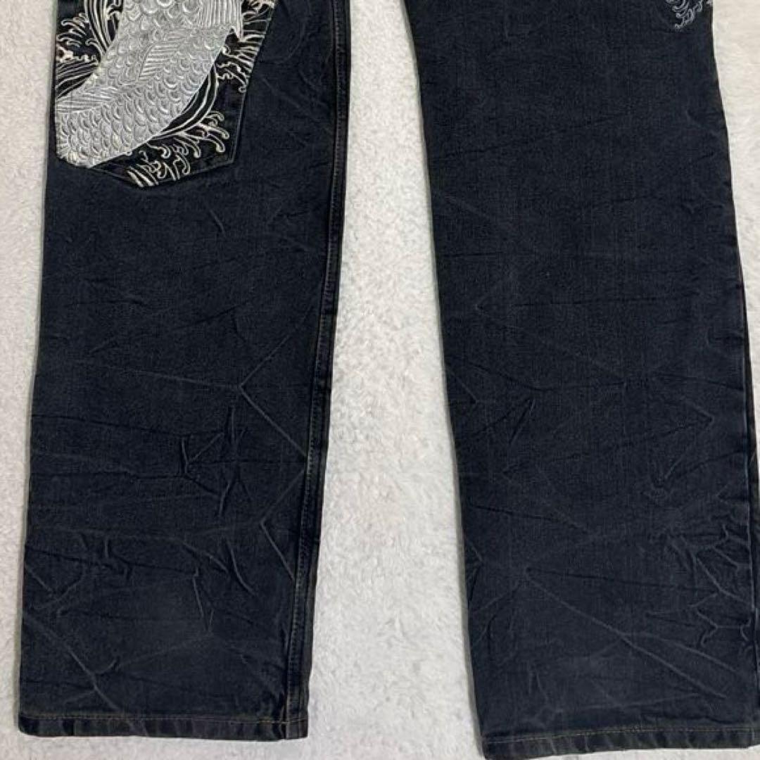 絡繰魂 Karakuri ブラックデニム W32 鯉刺繍 シルバー 5連ポケット www