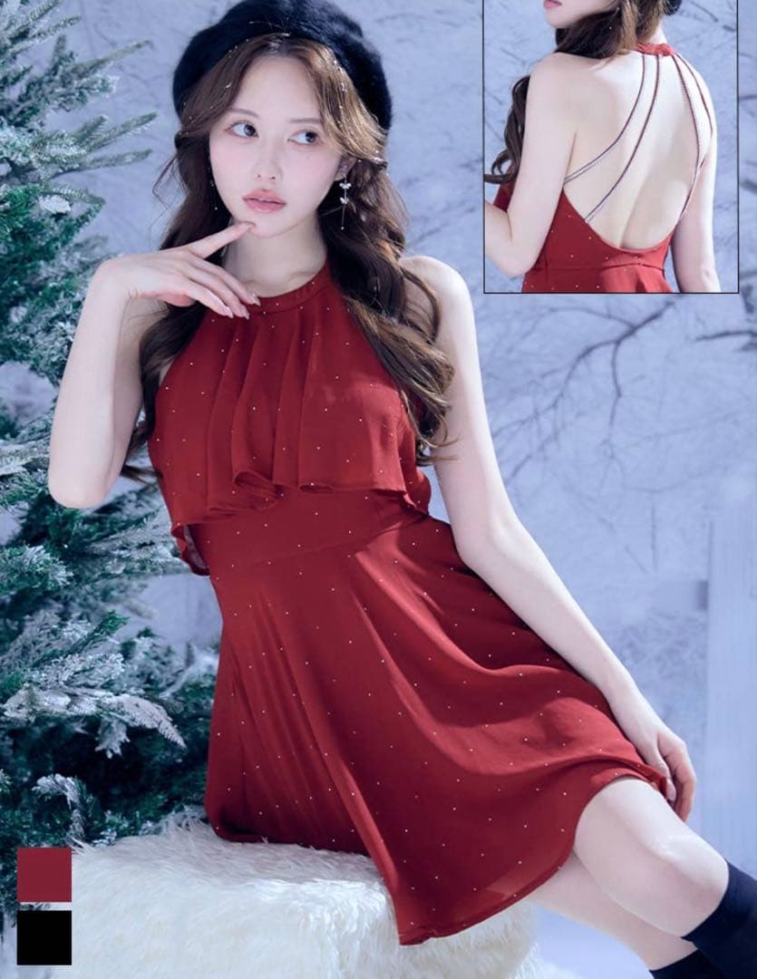 JEWELS ジュエルズ ホルターネックバックビジューフレアミニドレス