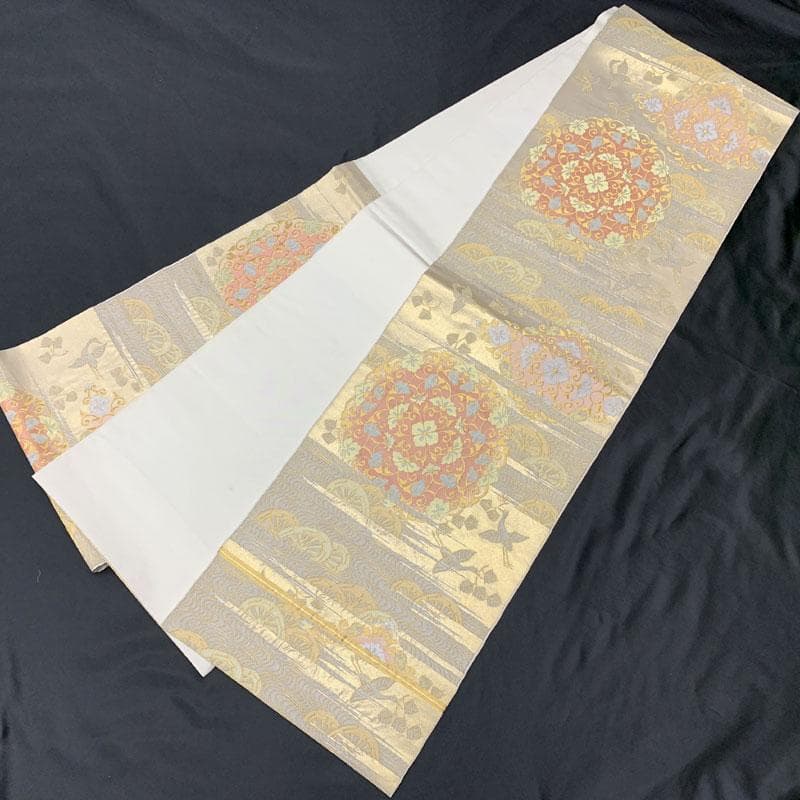 506my12◇川島織物 本金 唐草 松 鶴 源氏車 流水 金糸 六通 本袋帯