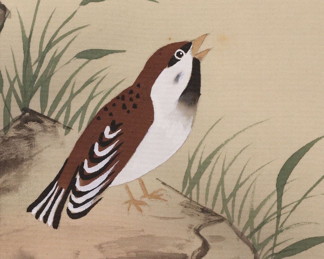 模写】日本画 観山 紅白三桃図 花鳥 雀 絹本 掛軸 彩色 MA989 - メルカリ