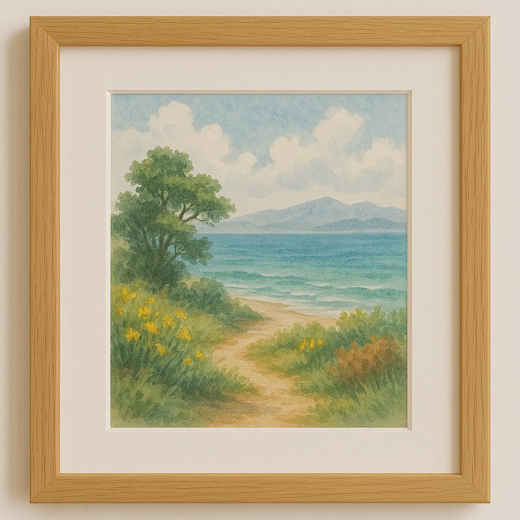 【原画】水彩風景画 海辺の小道 額縁付き 自然アート 一点物 風景画 『月と海』 ／原画 一点物 水彩画 手描き ※額縁等はついており