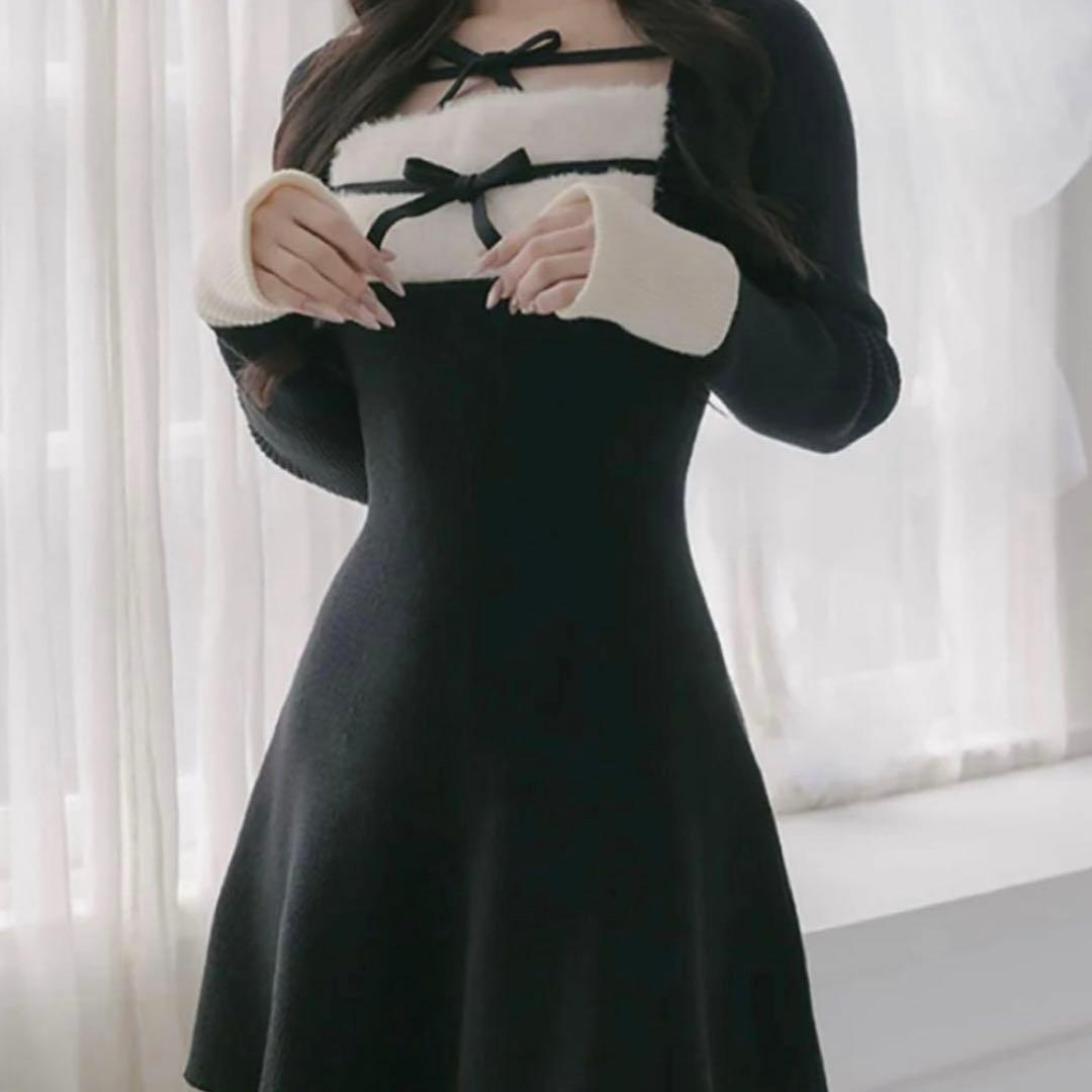 リボンファーフレアニットミニワンピース　FREE ダーリッチ Darich リボンファーフレアニットミニワンピース