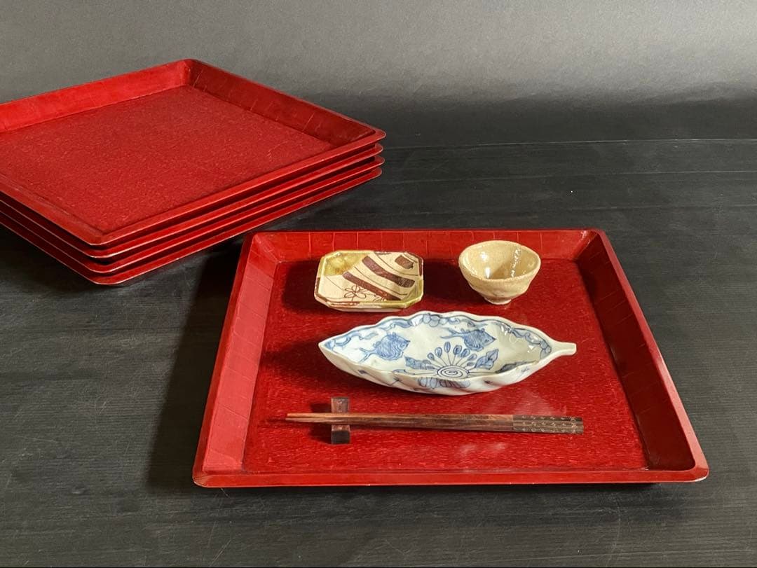 美品】「母」 讃岐彫 四方膳 5客 朱漆 讃岐膳 一枚板くり抜き （B