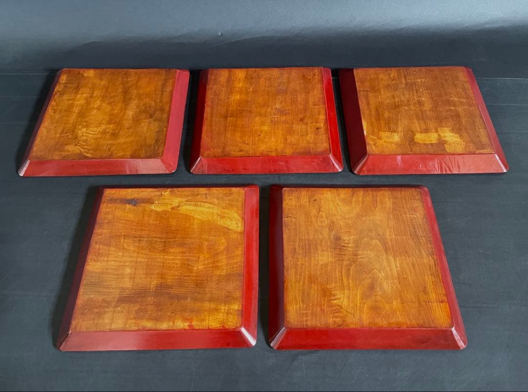美品】「母」 讃岐彫 四方膳 5客 朱漆 讃岐膳 一枚板くり抜き （B