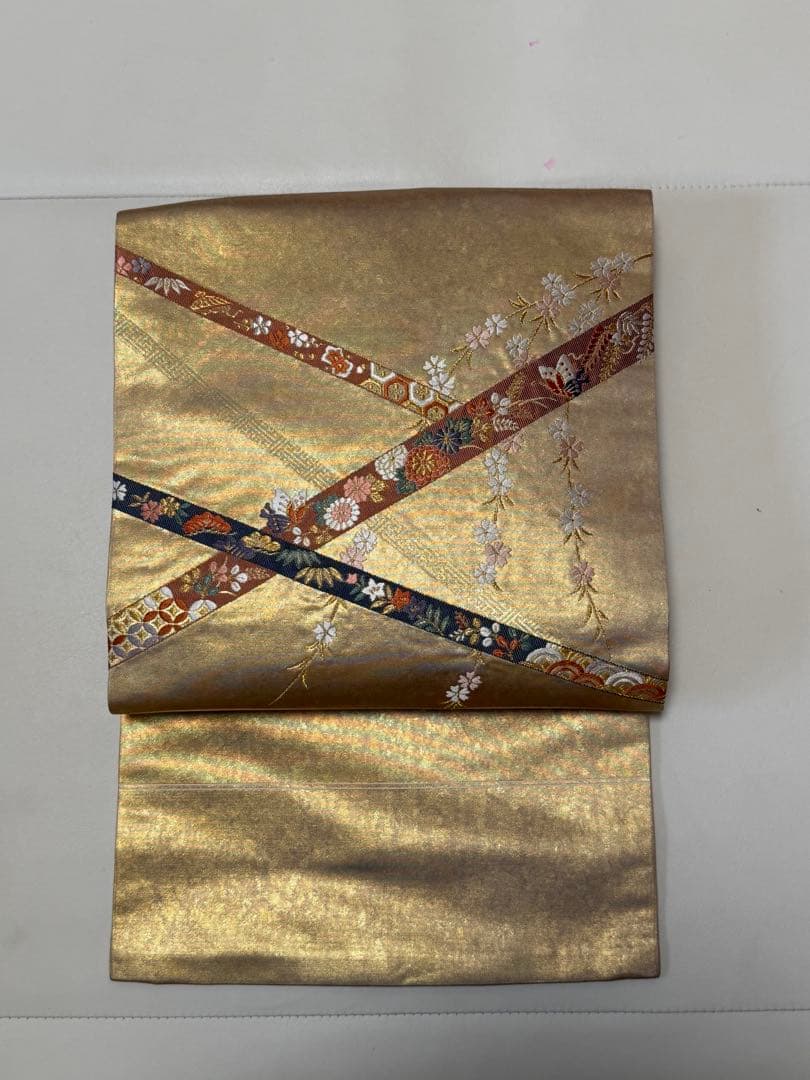 名古屋帯 花柄 桜 ベージュ ゴールド 九寸 - メルカリ