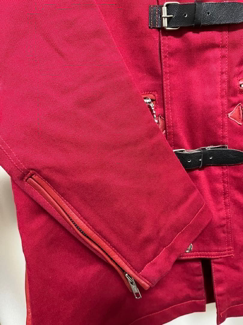 JIMSINN レザーパーツ使用 ベルト ファー付き ダック地 コート 赤 M