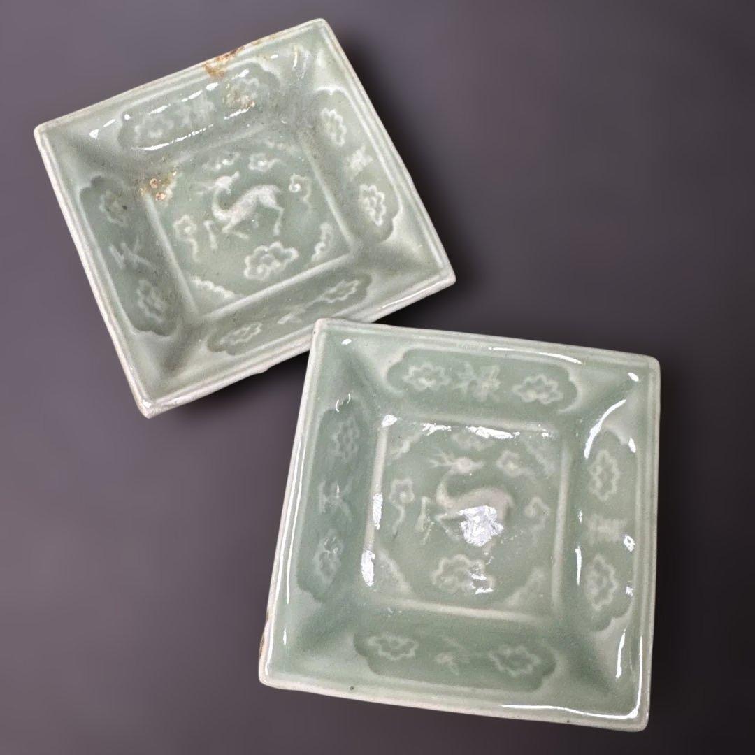 G26 送料無料 三田青磁 鹿の図 角皿 2枚 古美術 和骨董 - メルカリ