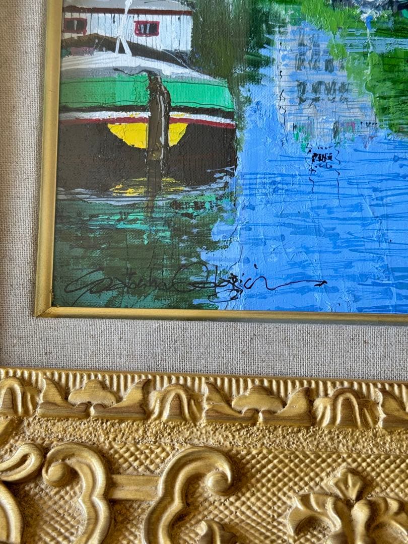 真作 小田切訓「塔のある運河」キャンバスに油彩 F4号 額装・タトウ箱・