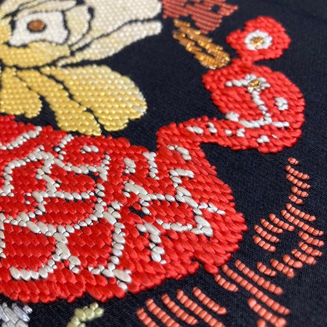 袋帯【龍村平蔵】錦織 手織工芸 正絹 花孔雀紋 黒色 着物帯