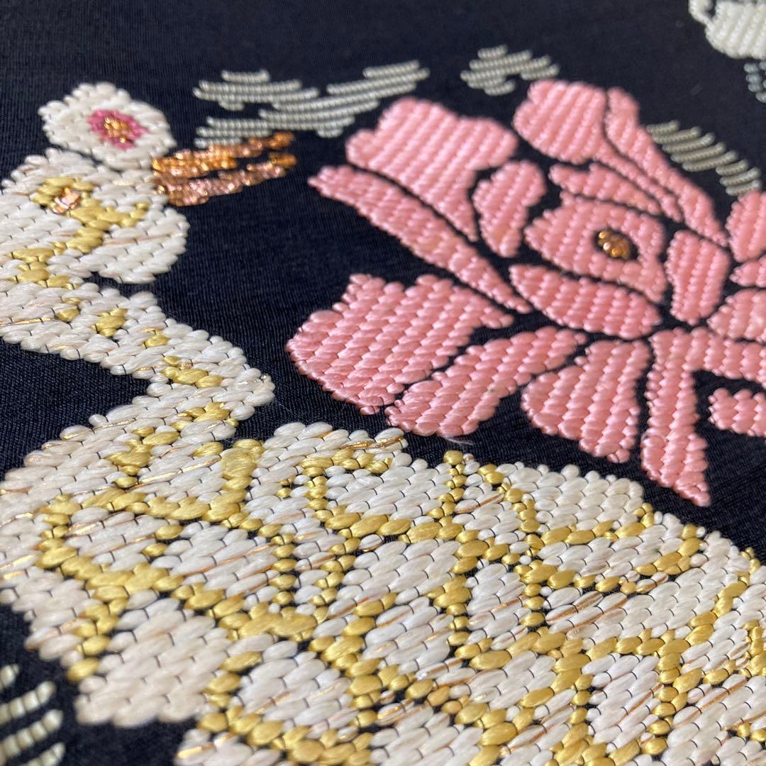 袋帯【龍村平蔵】錦織 手織工芸 正絹 花孔雀紋 黒色 着物帯