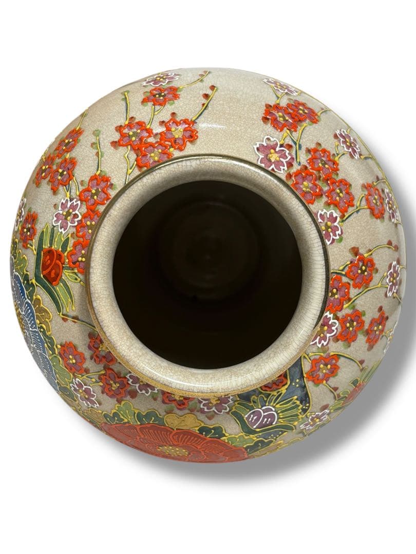 薩摩焼 丸十字紋 色絵金彩 花鳥図 大壺 花瓶 木箱付き S-12