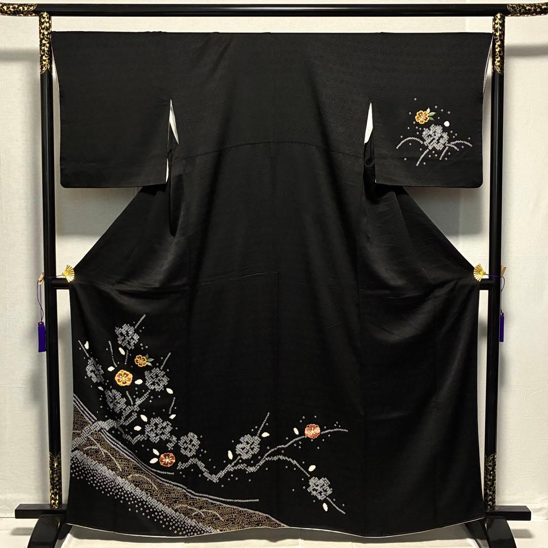 D142 訪問着　絞り　桜刺繍　枝垂れ桜　黒地　正絹　着物　袷　美品 訪問着 手刺繍 正絹 黒地 桜 未仕立て 着物 反物 仮絵羽 フォーマル