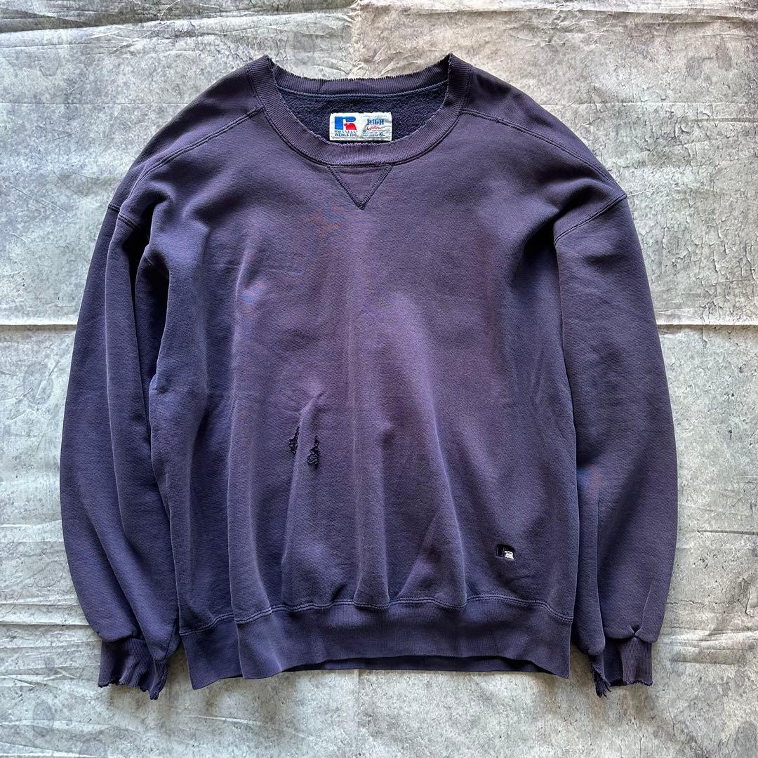 肯*ズ様 【90s】茄子紺 RUSSELL HIGHCOTTON USA製 無地 90s メキシコ製 RUSSELLラッセル 無地 前V スウェット 紺 XXL☆特大