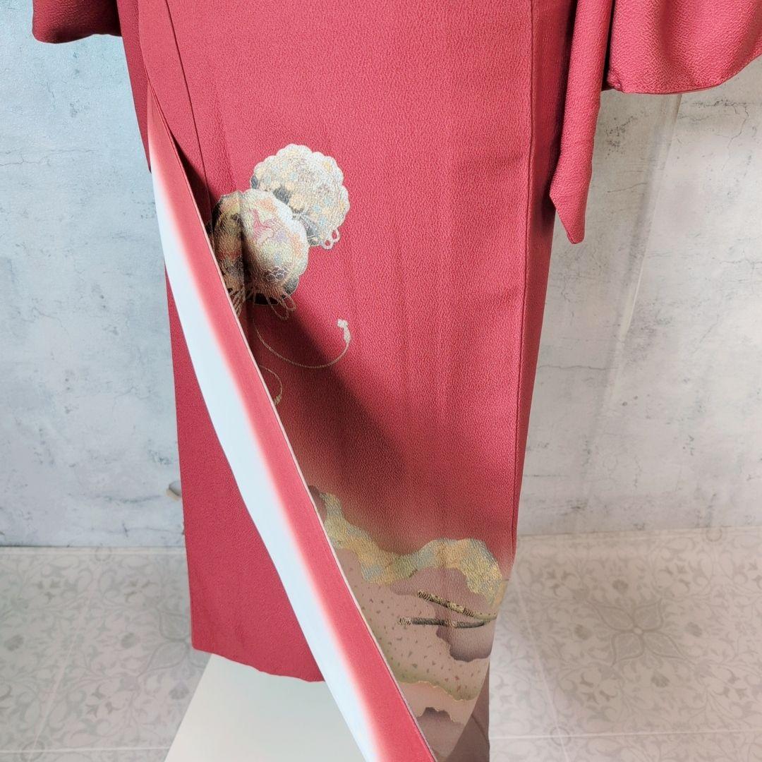 訪問着 フルセット 着物 正絹 赤 金 楽器 笛 バチ衿 O5 - メルカリ