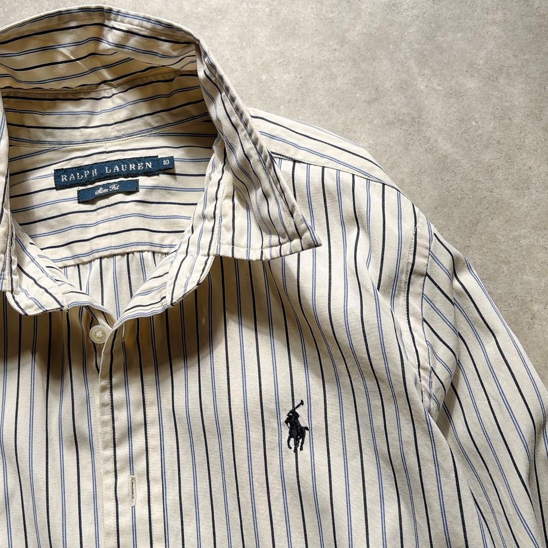 ラルフローレン ポニー刺繍 アイボリーxブルー系 ストライプシャツ 10