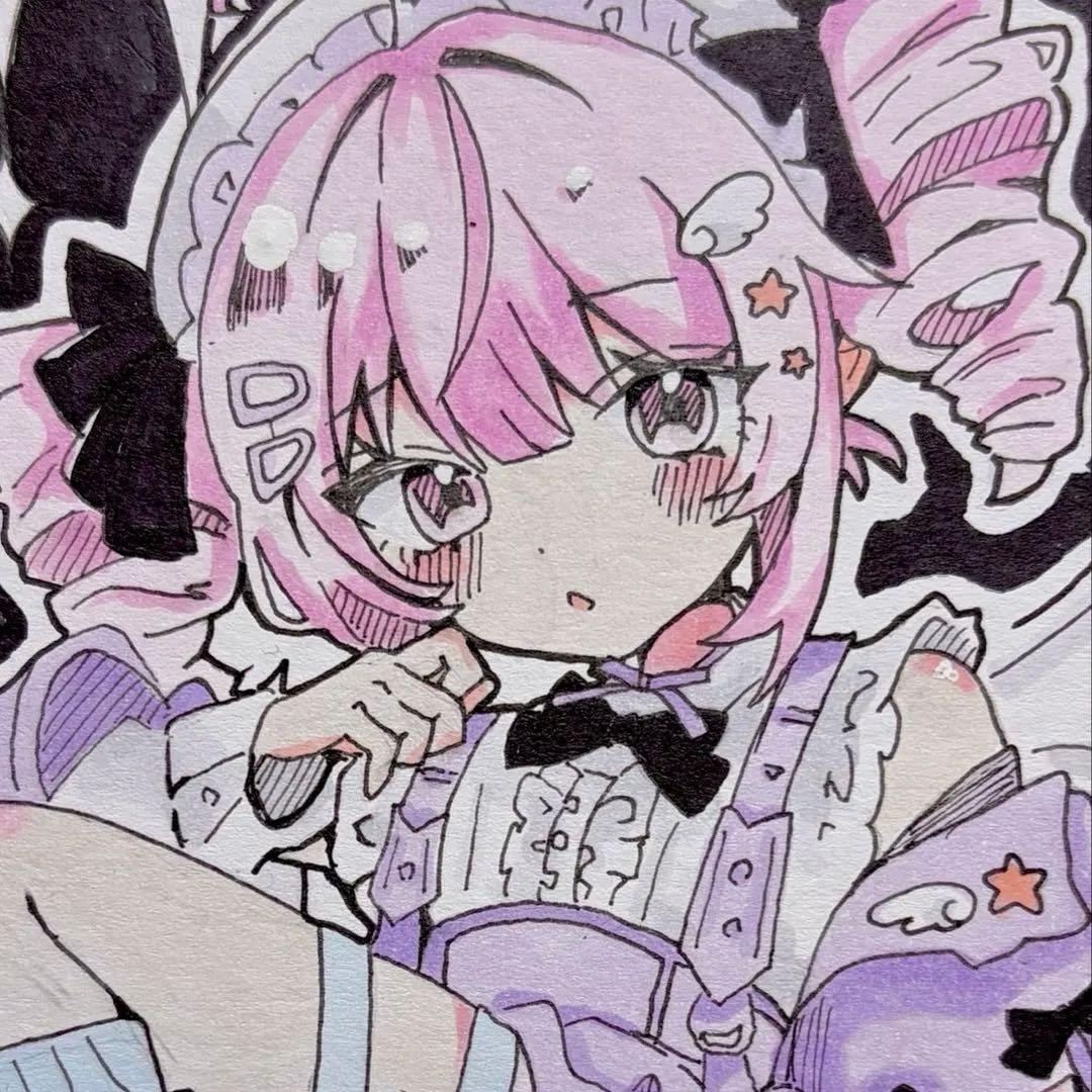 手描き イラスト オリジナル アナログ 色紙 ツインテール 女の子