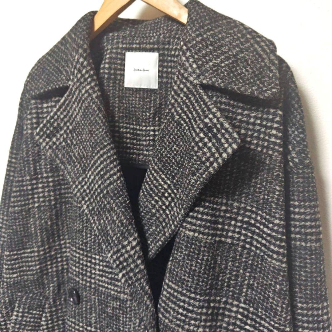 24AW スピックアンドスパン Wスライバーチェックハーフコート 36 黒