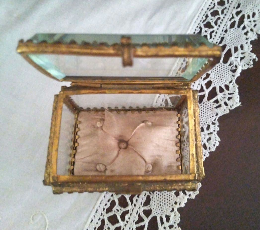 フランスアンティーク ベベルガラス ジュエリーボックス ピンククッション