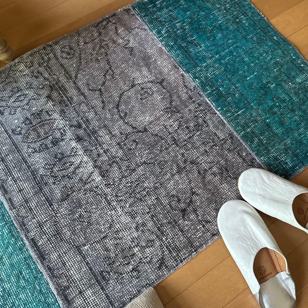 67.5×119パッチワーク ブルーグリーン×グレイ トルコヴィンテージラグ