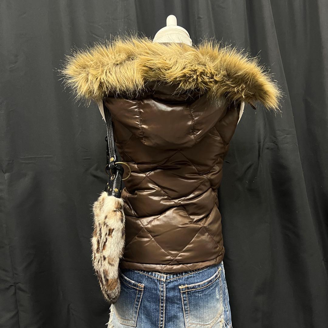 平成ギャル y2k ファー付き ダウンベスト フード ブラウン 短丈 - メルカリ