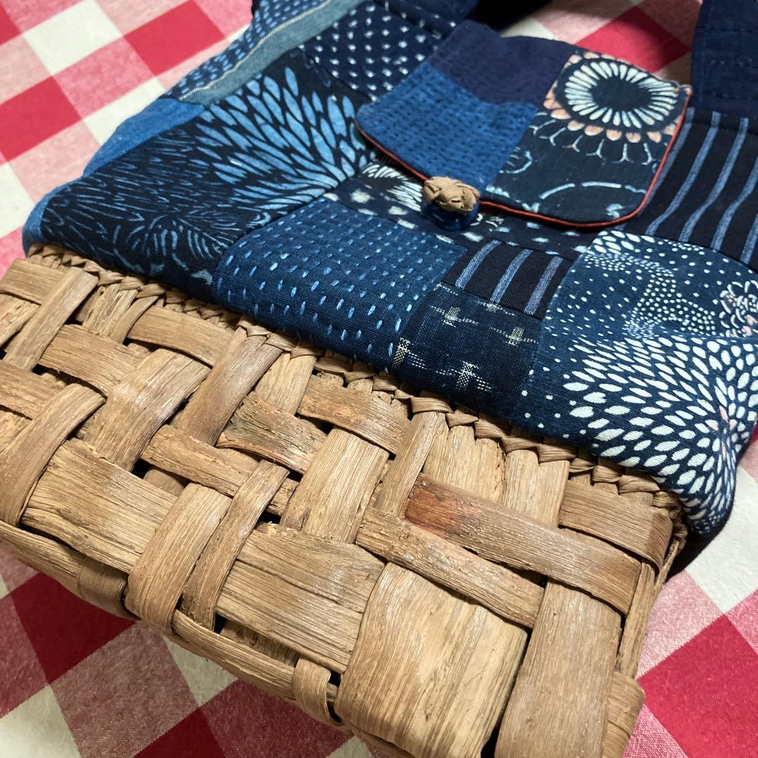 国産山葡萄籠かご藍染古布紅花染め刺し子2way手提げショルダーバック