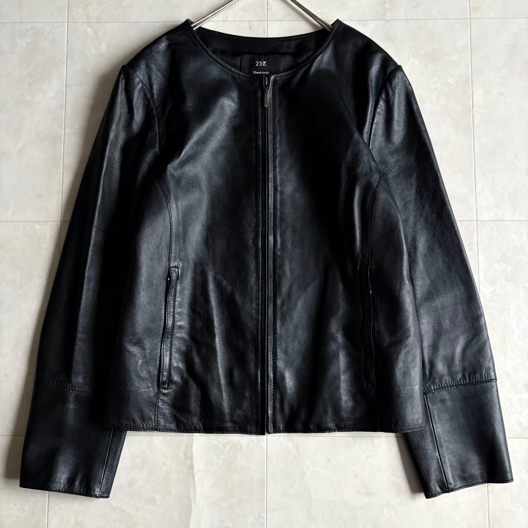 美品・特大✨23区 ノーカラーラムレザージャケット 黒 48 ゆったり セール】 ラムレザー ノーカラージャケット （ノーカラージャケット