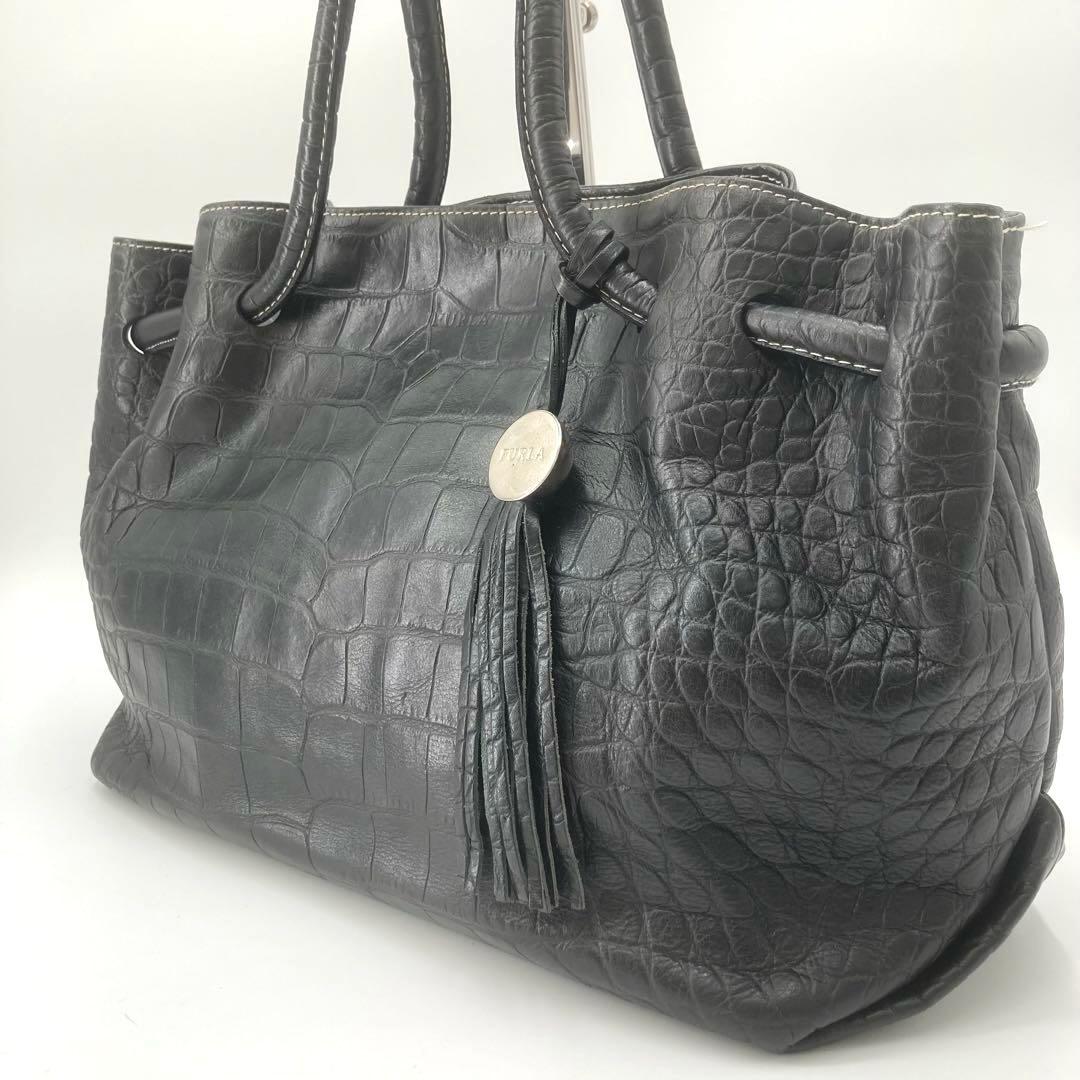 美品✨FURLA フルラ クロコ型押し ショルダーバッグ レザー ブラック