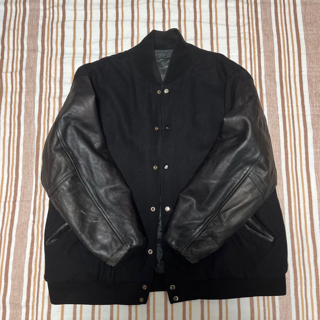 百*哉様 ブラックレザースタジャン　古着　ヴィンテージ 古着 ウール 袖レザー スタンドカラー 切り替え スタジャン 刺繍