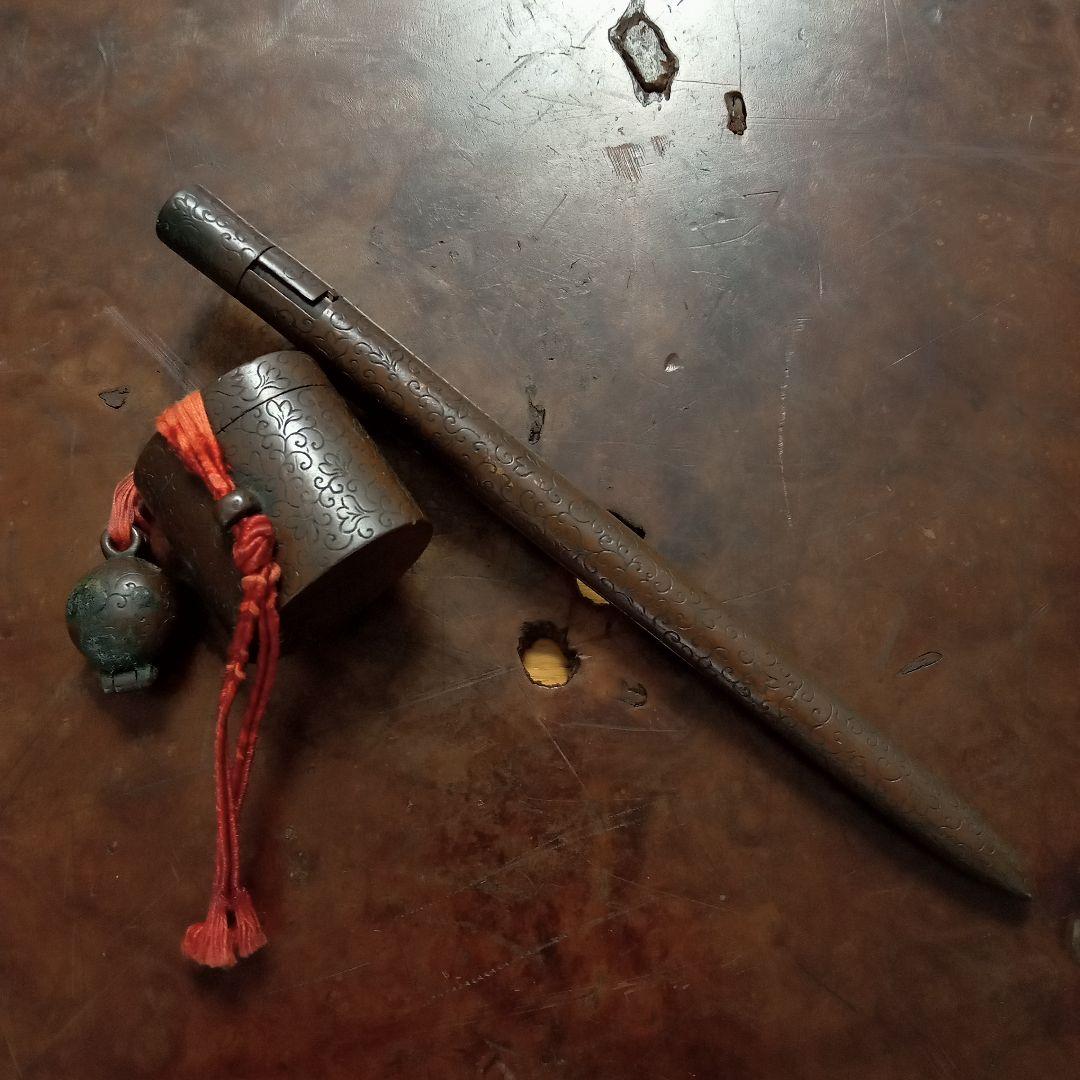 希少★銅製★骨董/キセル/たばこ/煙草入 喫煙具 緒締め 煙管 腰挿 唐草模様 キセル ショート タイプ 喫煙具 煙管 えんかん タバコ管 天然木 銅