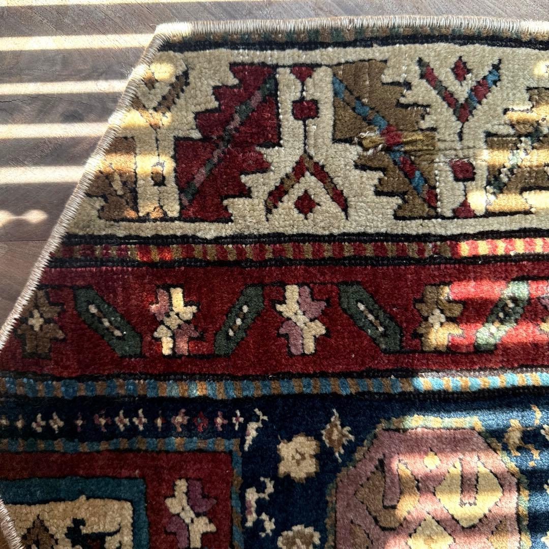 六角形ラグ約40.5×46 ウール100 ネイビーレッド トルコヴィンテージ