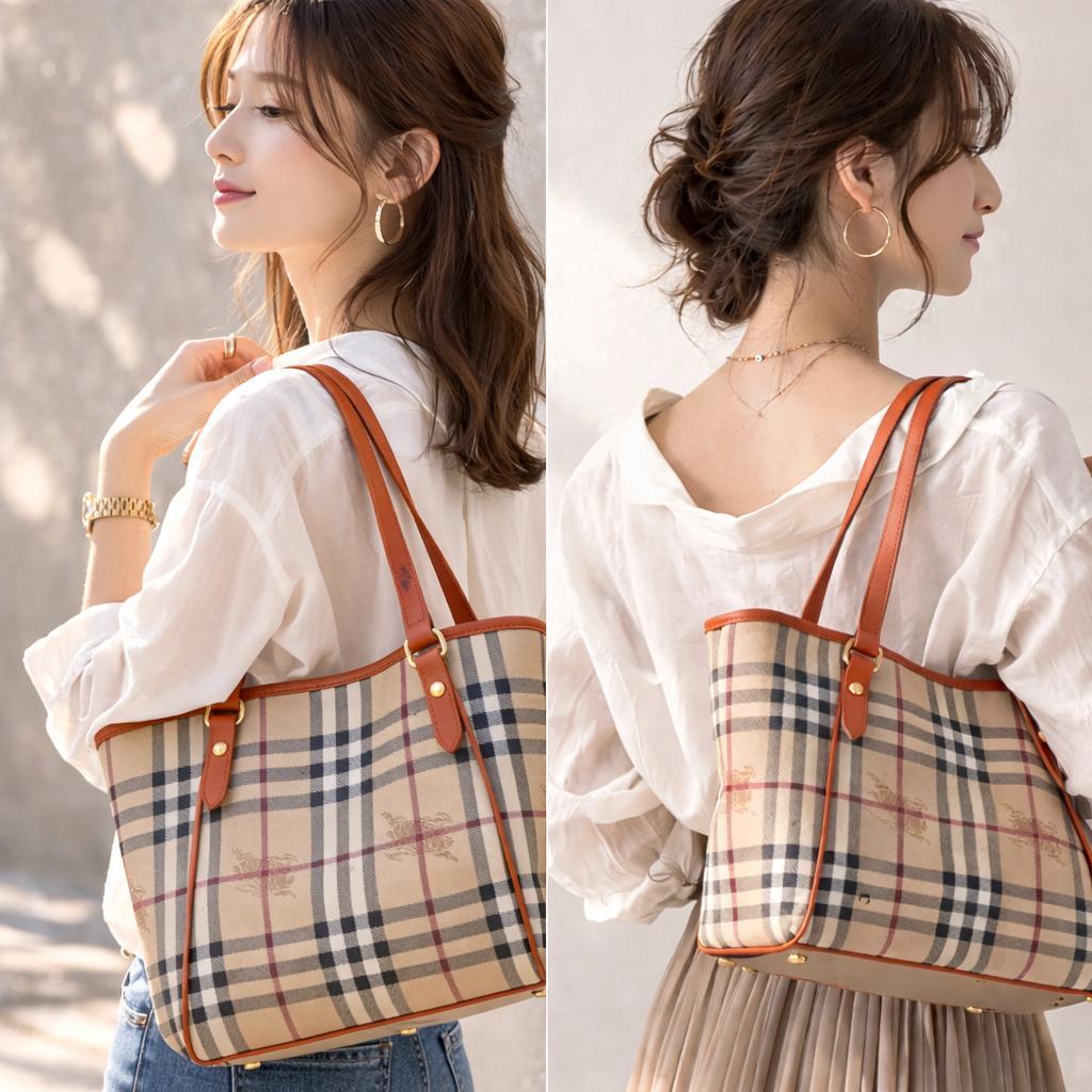 バーバリー ノバチェック シャドーホース オレンジ PVCトートバッグ