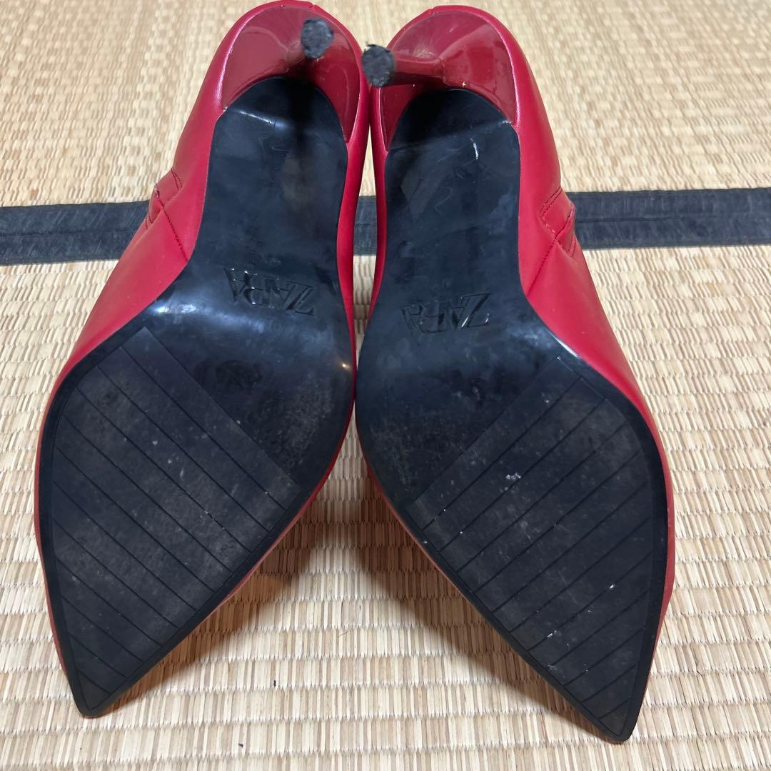 ZARA レディース 赤 レザー ポインテッドトゥ サイドジッパーブーツ