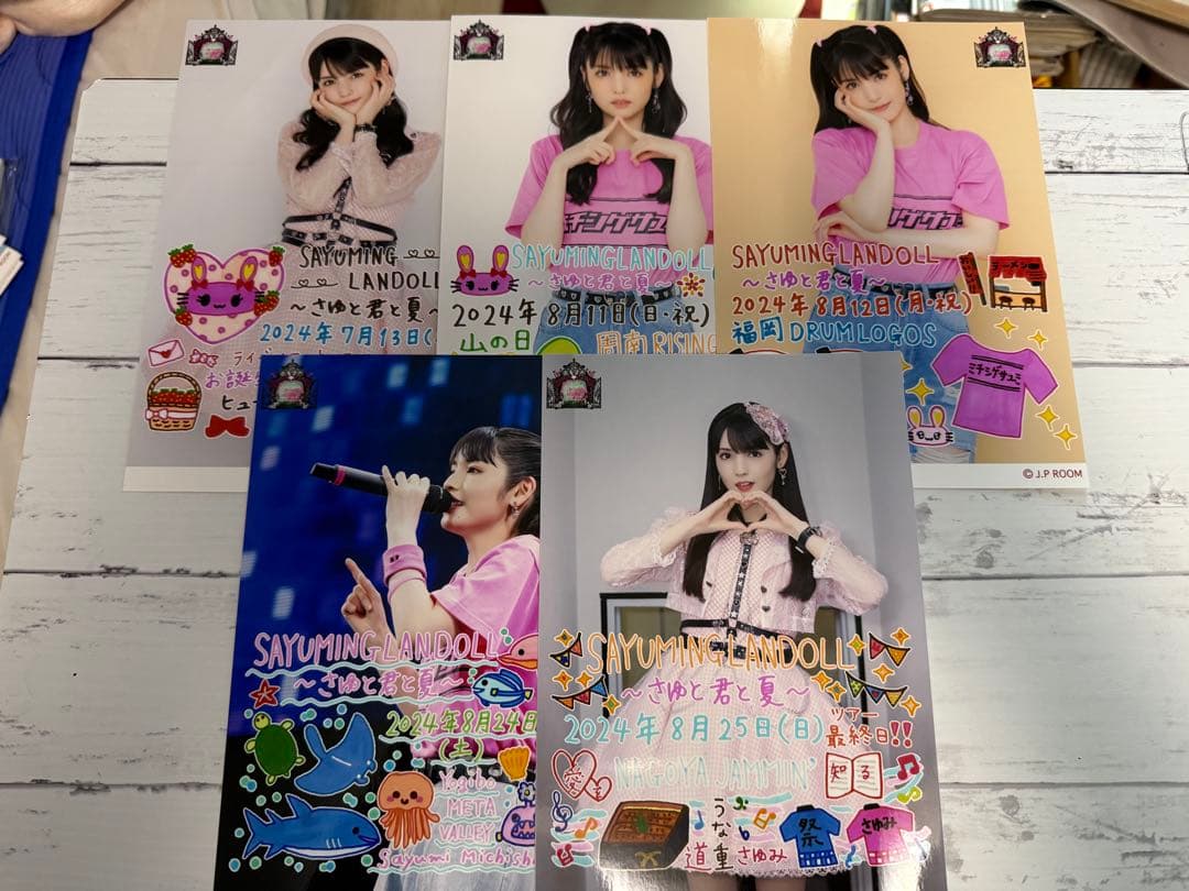 道重さゆみ ⑩ A5ワイド生写真 2023〜24年 11枚と缶バッチのセット 道重さゆみ LIVE TOUR 2025『SAYUMINGLANDOLL～SAMSALA～』グッズ会場