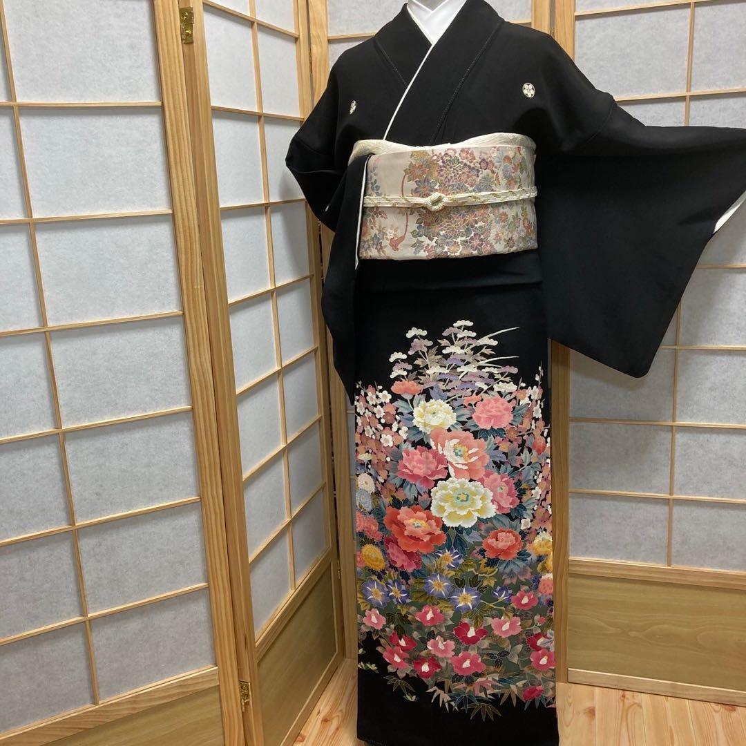 3409］黒留袖 美品 友禅作家 工田外男 比翼 五つ紋 梅鉢 正絹 着物 袷