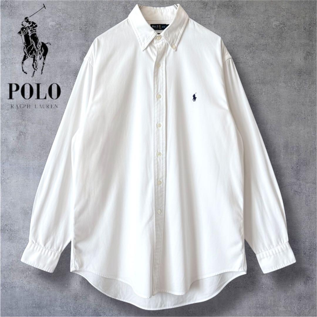 極美品】ポロラルフローレン 白シャツL ネイビーポニー刺繍 上質綿100
