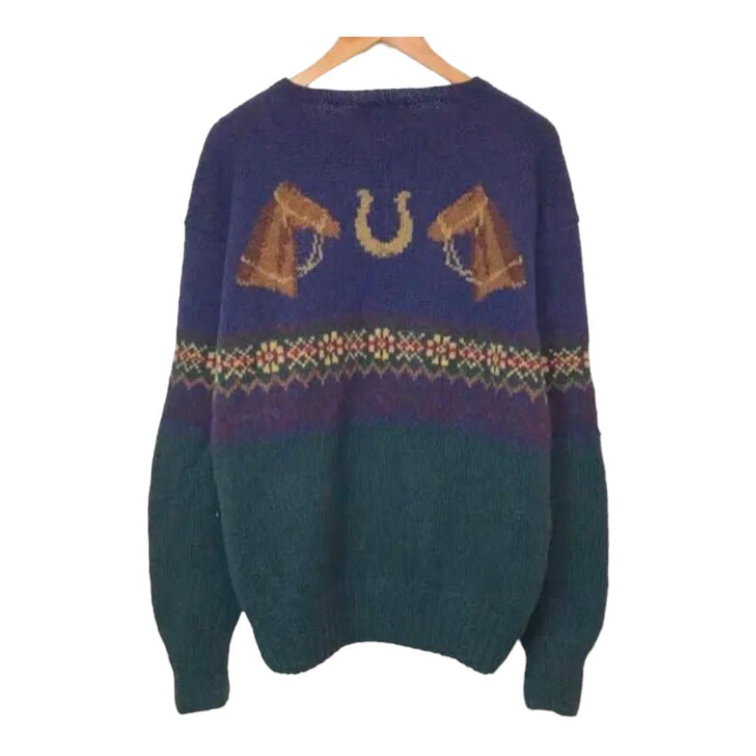 名作 90s POLO ラルフローレン ウールニットセーター ハンドニット 馬