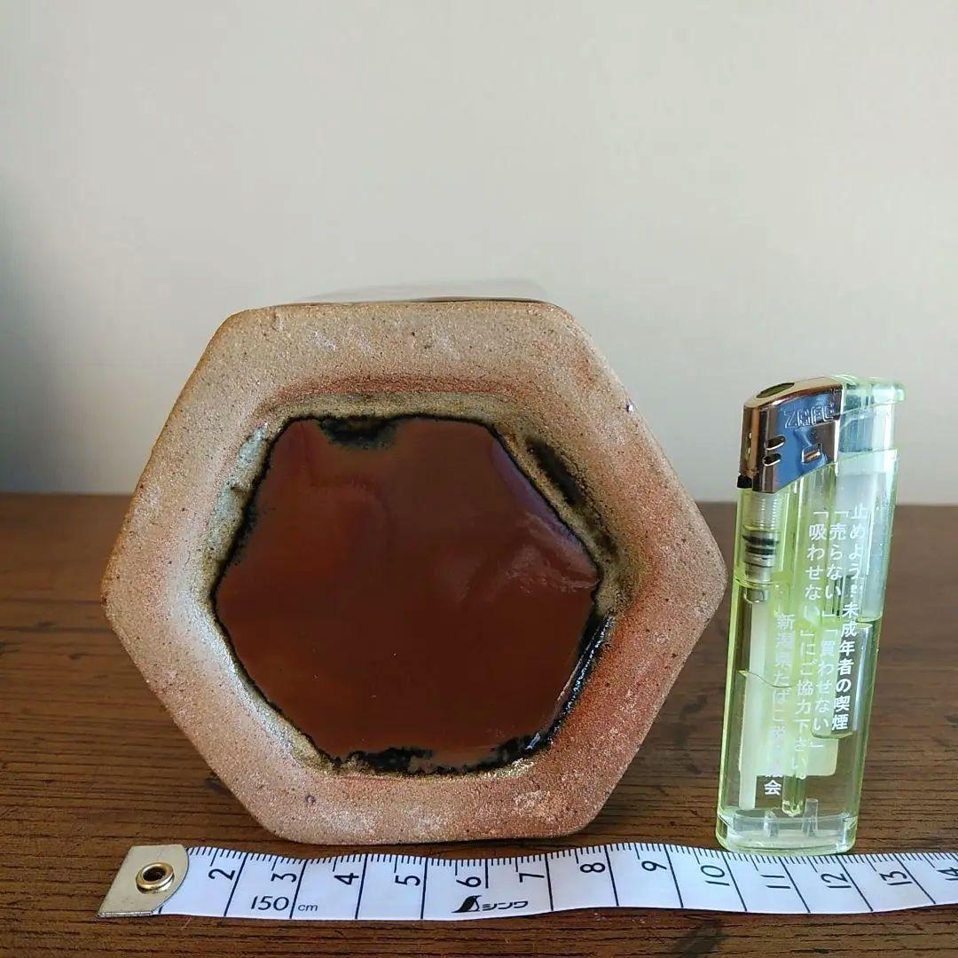 真作保証品] 浜田庄司 (濱田庄司）「柿釉抜絵六角花生」プロフ必読