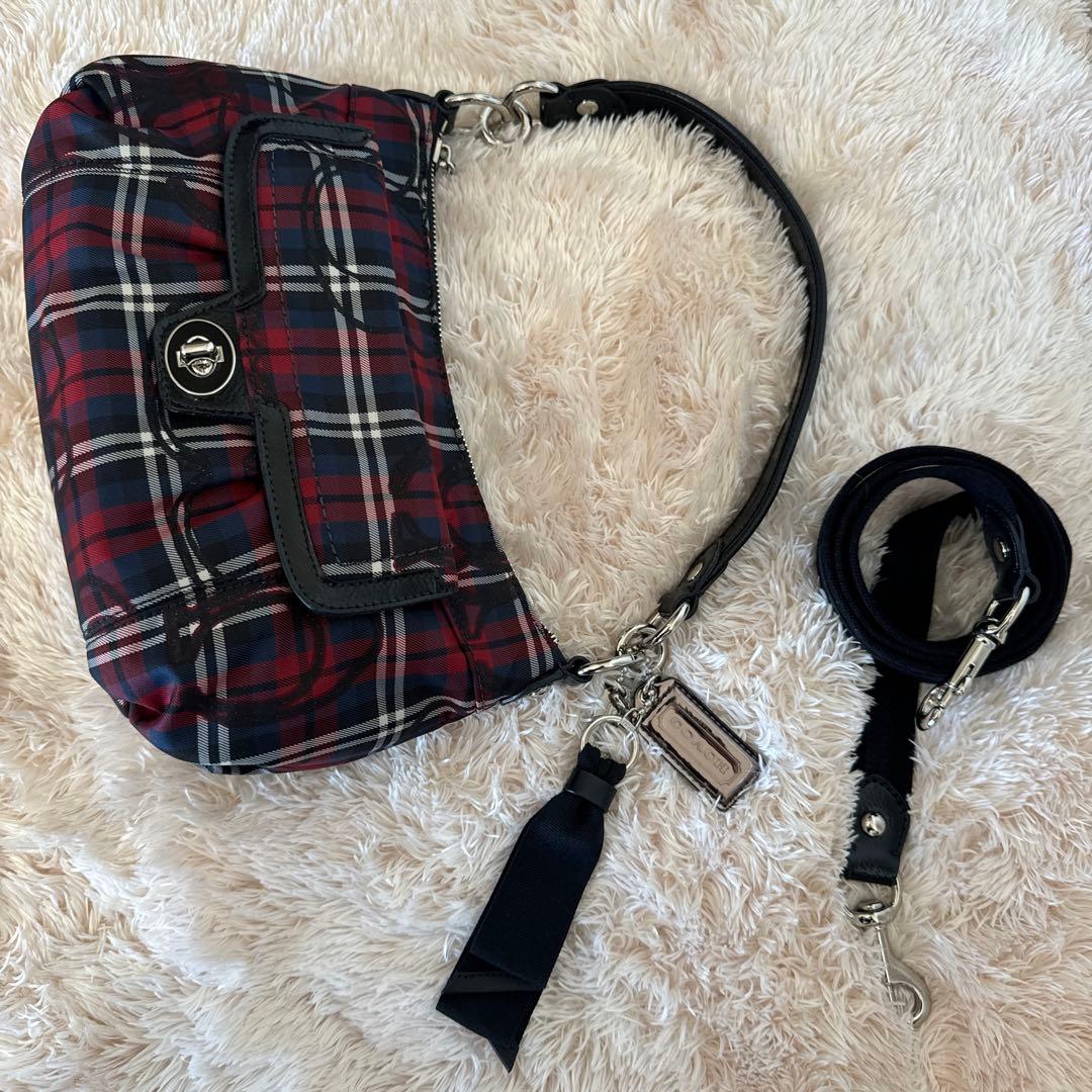 極美品 COACHコーチ 2wayバッグ チェック柄 ショルダーバッグ 赤と紺