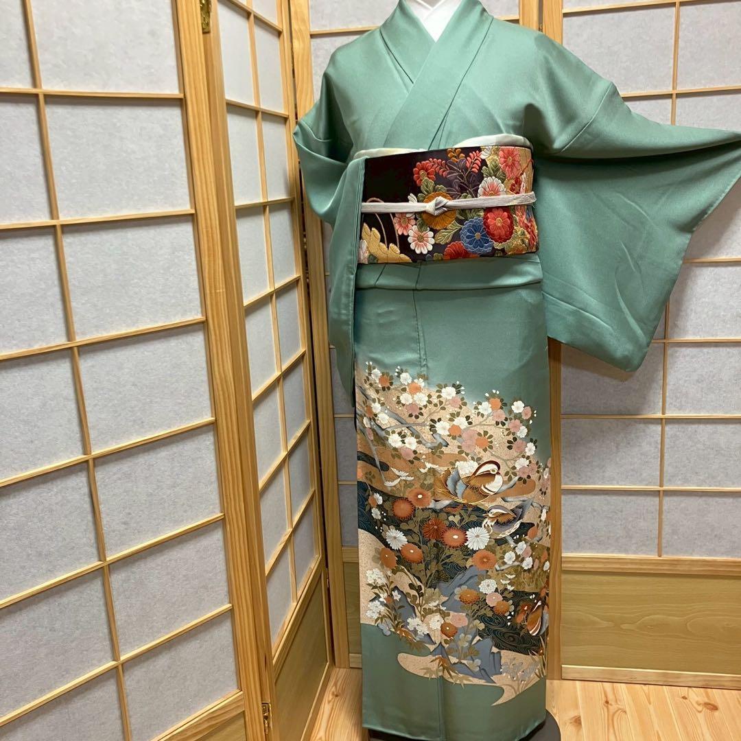 ［6479］色留袖 美品 鴛鴦花 駒刺繍 三つ紋 木瓜 正絹 着物 袷 楽天市場】【中古】 訪問着 リサイクル着物 正絹 袷 フォーマル 金駒