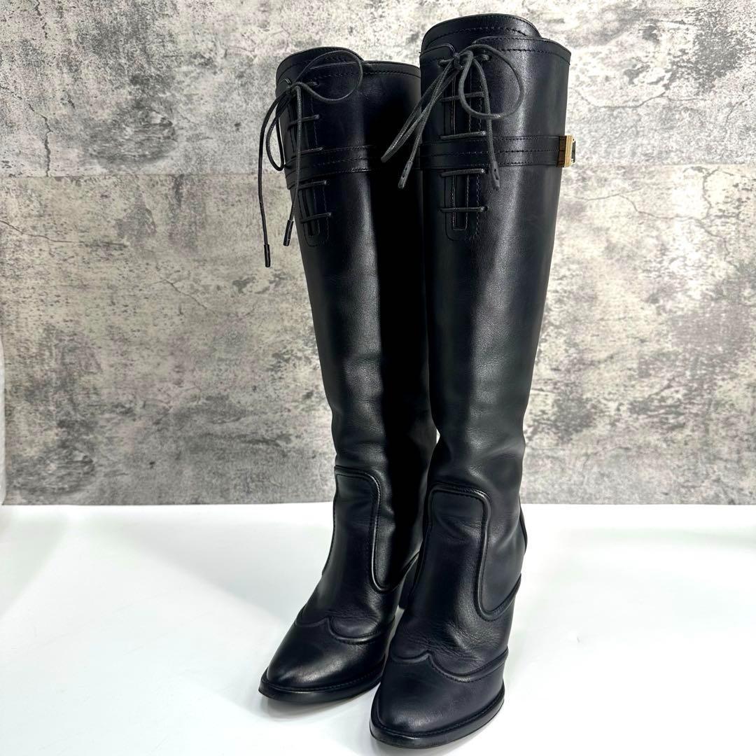 美品★ルイヴィトン ロングブーツ レザー　LVゴールド金具 ロゴ 22.5cm